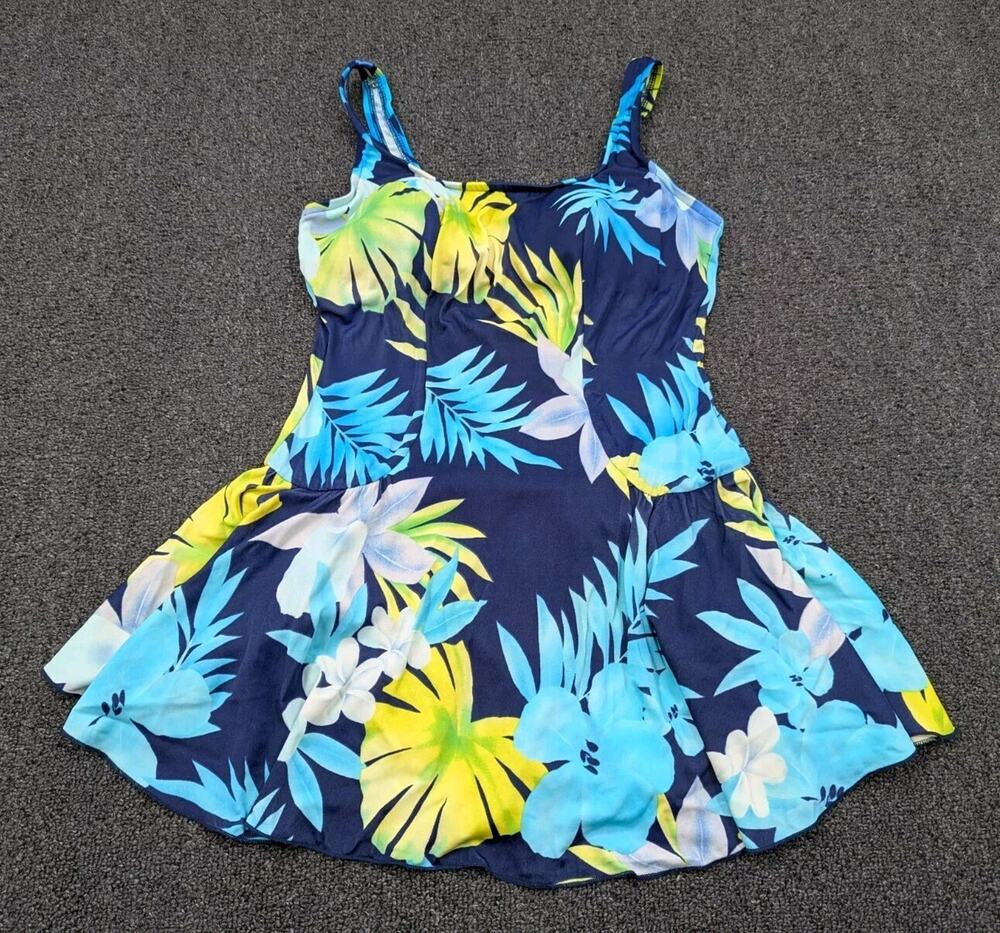 Le Cove Womens Blue Yellow Floral One Piece Swim Skirt Swimming Suit Size 14